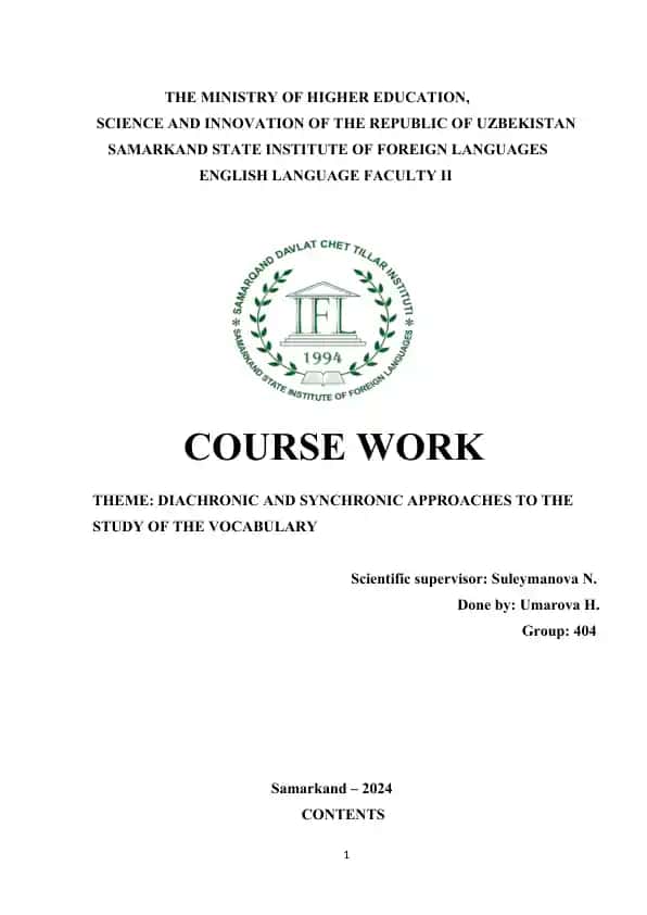 Course Work on Diachronic and Synchronic Approaches to the Study of Vocabulary