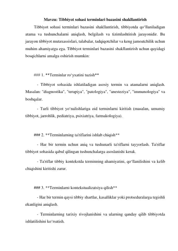 Tibbiyot sohasi terminlari bazasini shakllantirish