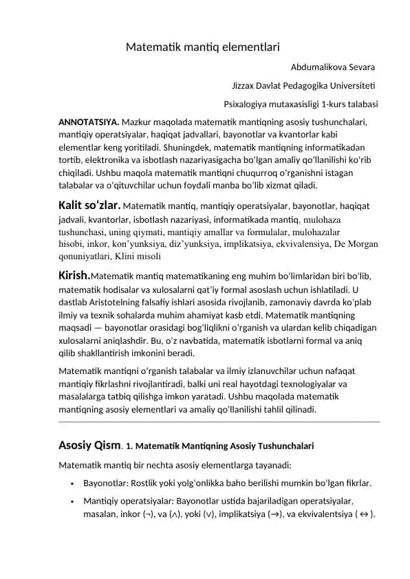 Matematik mantiq elementlari