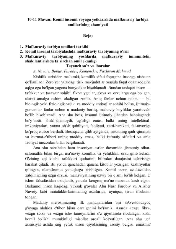 Mafkuraviy Tarbiyaning Ahamiyati