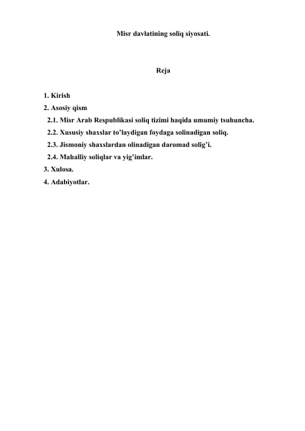 Misr davlatining soliq siyosati. Referat 11 bet.