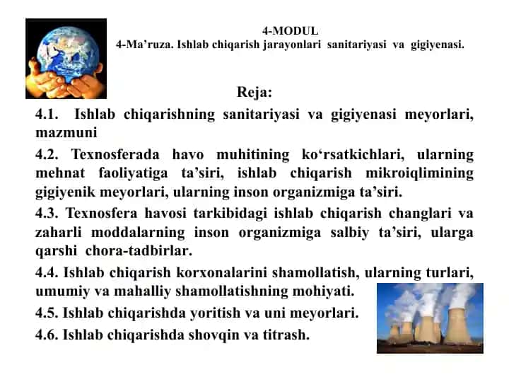4-MODUL4-Mа’ruzа. Ishlаb chiqаrish jarayonlari sаnitаriyаsi va gigiyenаsi.