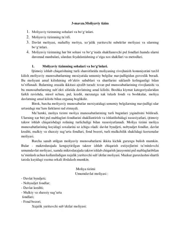 Moliyaviy tizimning ta'rifini o'rganish