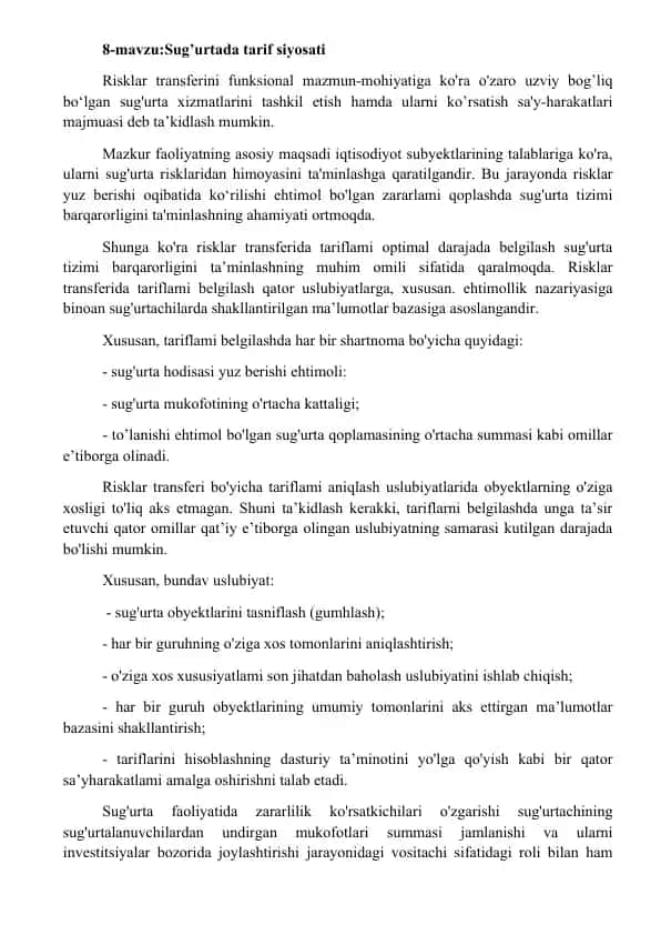 Sug'urta xizmatlarini tashkil etish muhimiyati va tarif siyosati