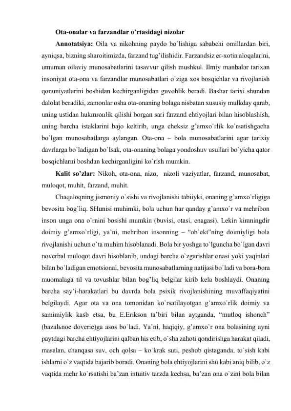Ota-onalar va farzandlar o’rtasidagi nizolar