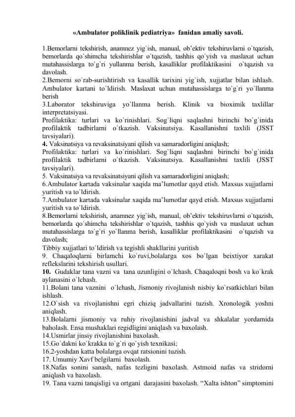 Ambulator poliklinik pediatriya fanidan amaliy savol