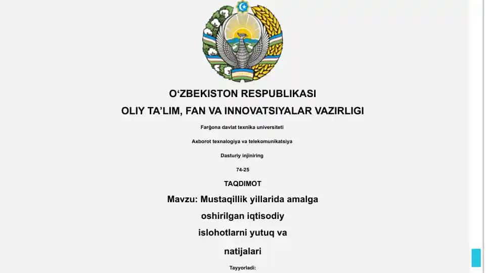 Mustaqillik yillarida amalga oshirilgan iqtisodiy islohotlarni yutuq va natijalari