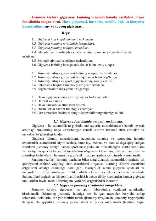 Jismoniy tarbiya gigiyenasi faniga oid taqdimot