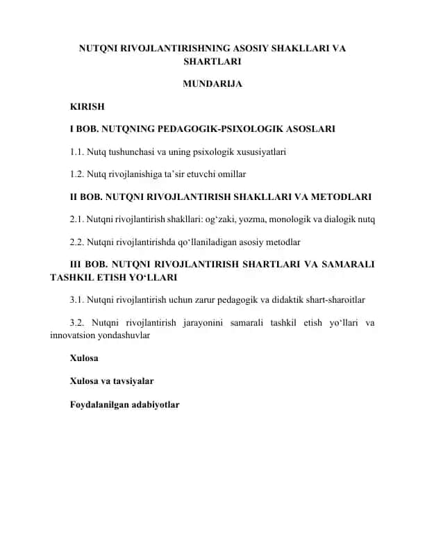 Nutqni rivojlantirishning asosiy shakllari va shartlari