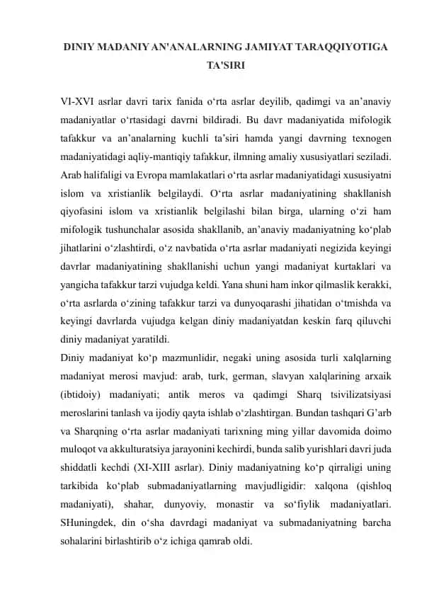 DINIY MADANIY AN'ANALARNING JAMIYAT TARAQQIYOTIGA TA'SIRI