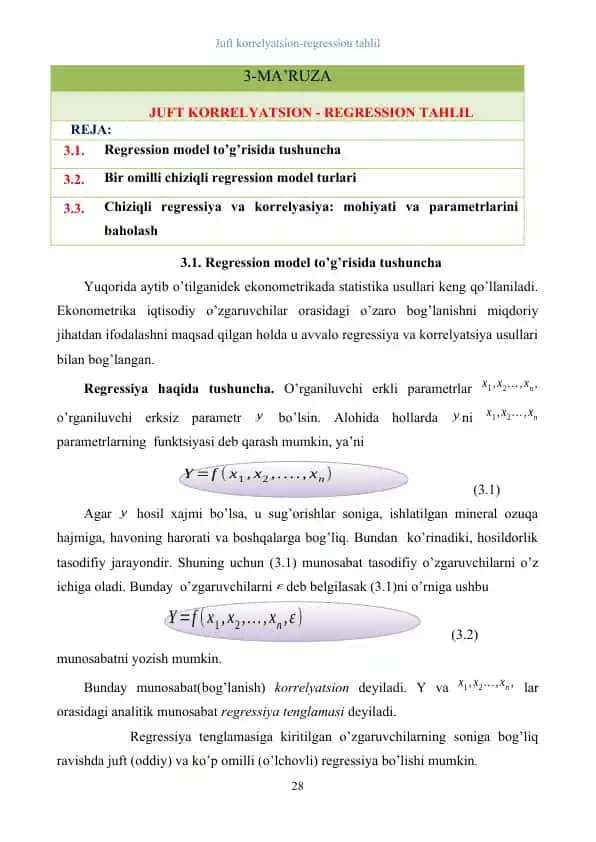 Juft korrelyatsion-regression tahlil