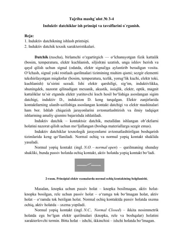 Induktiv datchiklar ish prinsipi va tavsiflarini o`rganish