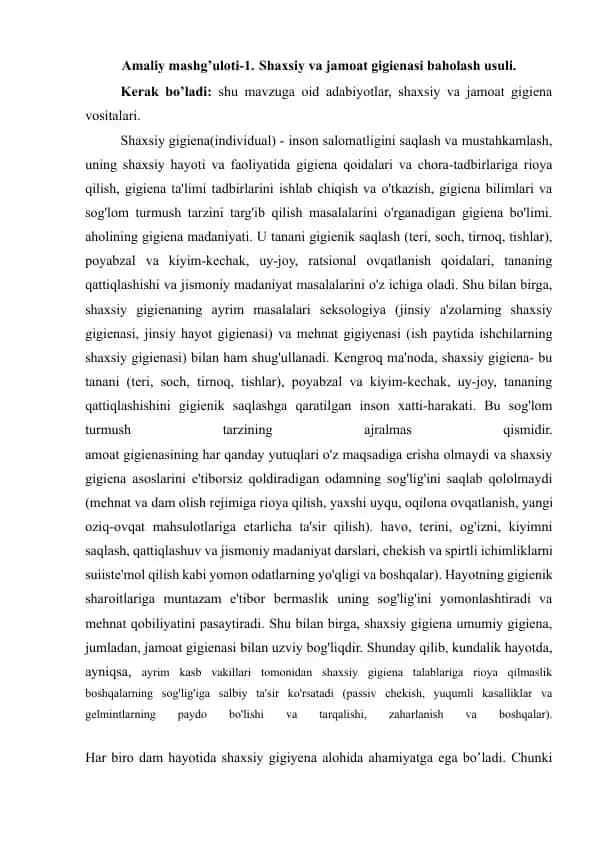 Shaxsiy va jamoat gigienasi baholash usuli