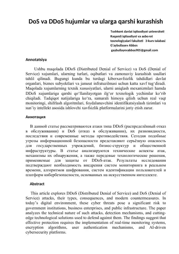 DoS va DDoS hujumlar va ularga qarshi kurashish