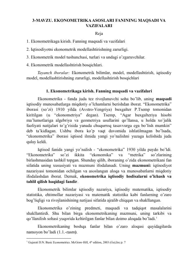 Ekonometrika asoslari fanining maqsadi va vazifalari