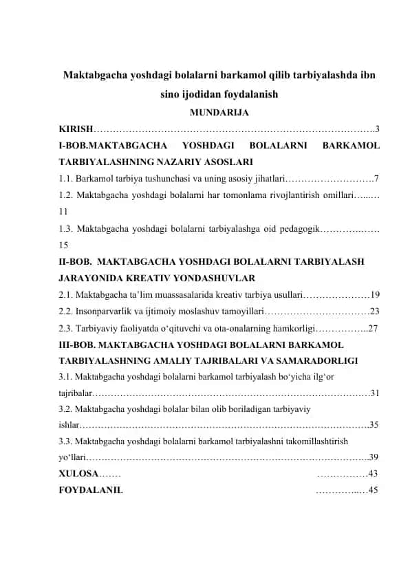 Maktabgacha yoshdagi bolalarni barkamol qilib tarbiyalashda ibn sino ijodidan foydalanish