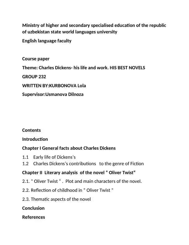Course paper on Charles Dickens- his life and work
