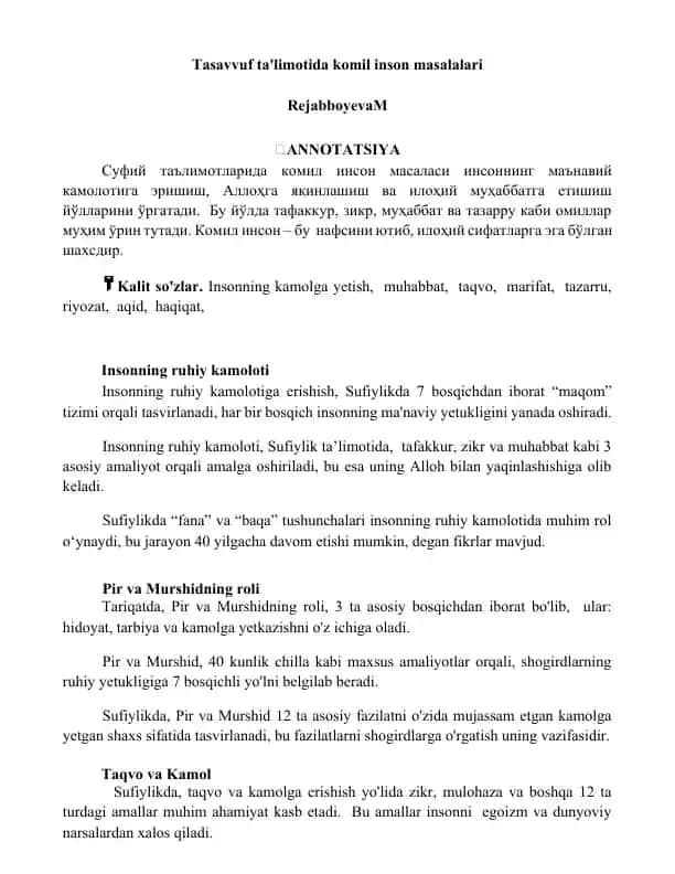 Tasavvuf ta'limotida komil inson masalalari