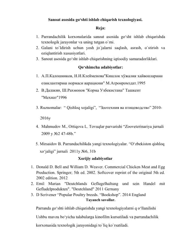 Sanoat asosida go‘shti ishlab chiqarish texnologiyasi