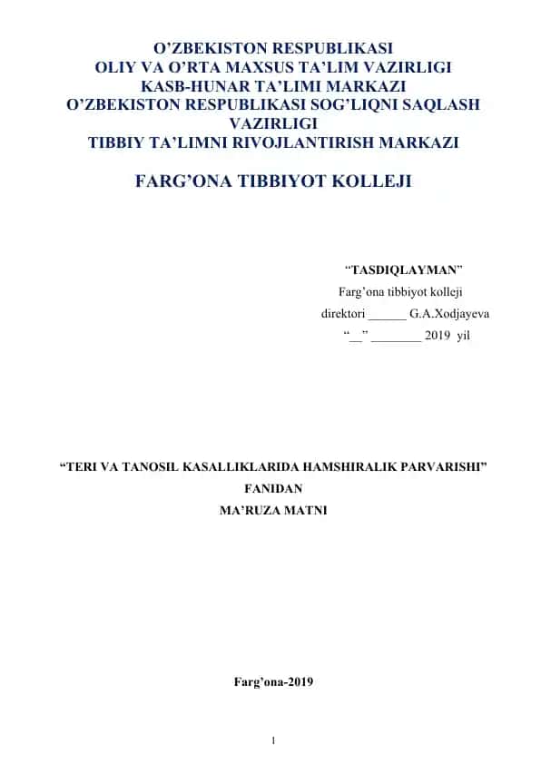 Teri va tanosil kasalliklari bilan og’rigan bemorlarda hamshiralik parvarishi