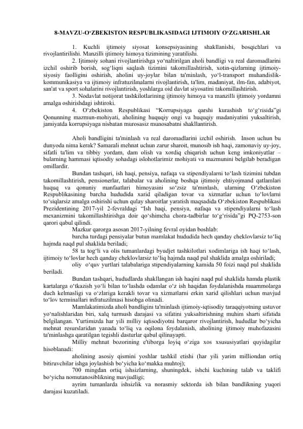 O‘ZBEKISTON RESPUBLIKASIDAGI IJTIMOIY O‘ZGARISHLAR