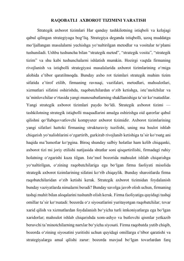 Raqobatli Axborot Tizimini Yaratish