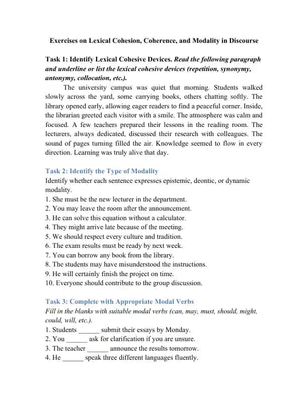 Exercises on Lexical Cohesion, Coherence, and Modality in Discourse