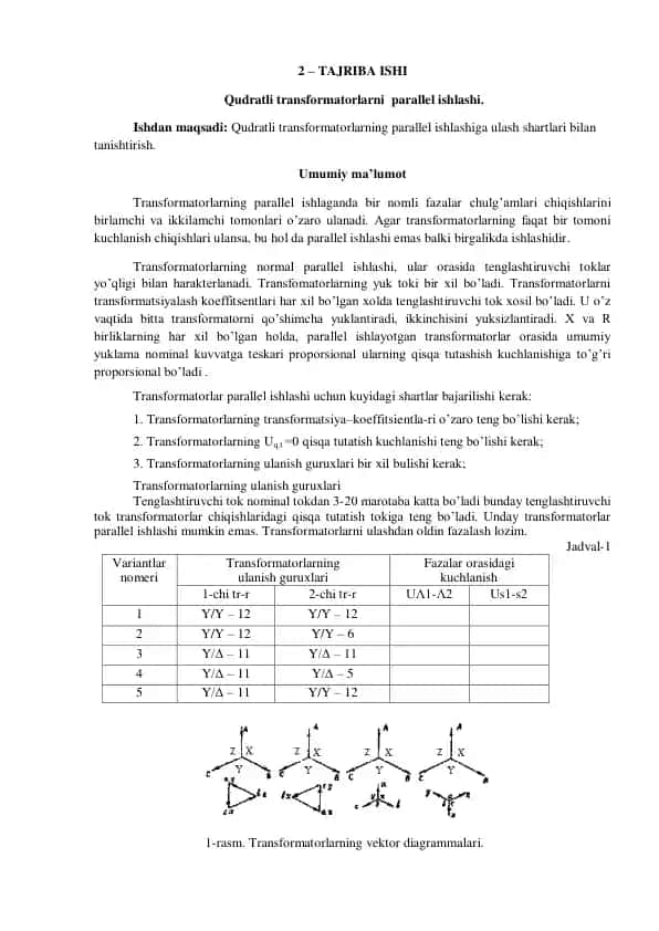 Qudratli transformatorlarni parallel ishlashi