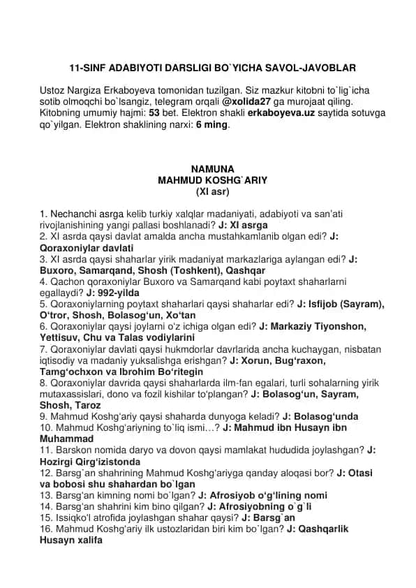 11-sinf Adabiyoti darsligi bo'yicha savol-javoblar