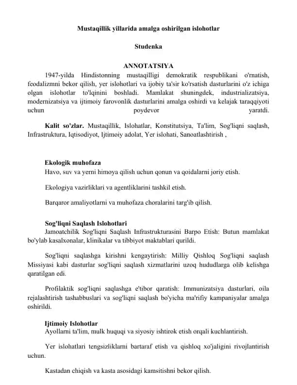 Mustaqillik yillarida amalga oshirilgan islohotlar