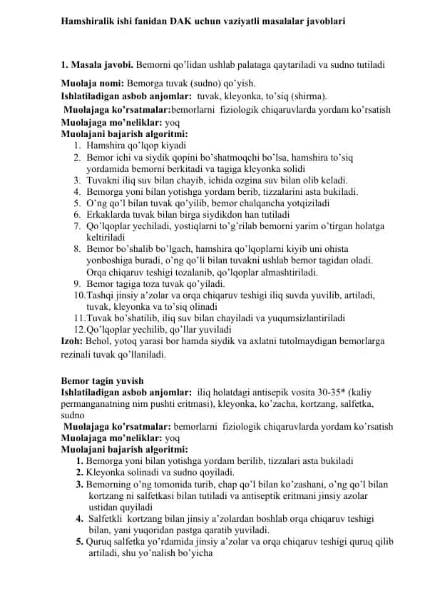 DAK uchun vaziyatli masalalar javoblari
