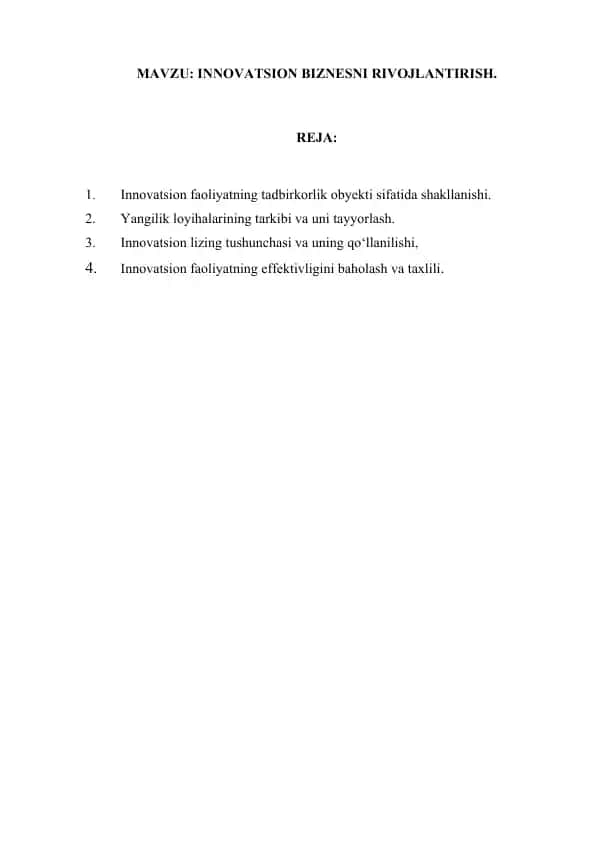 Innovatsion Biznesni Rivojlantirish