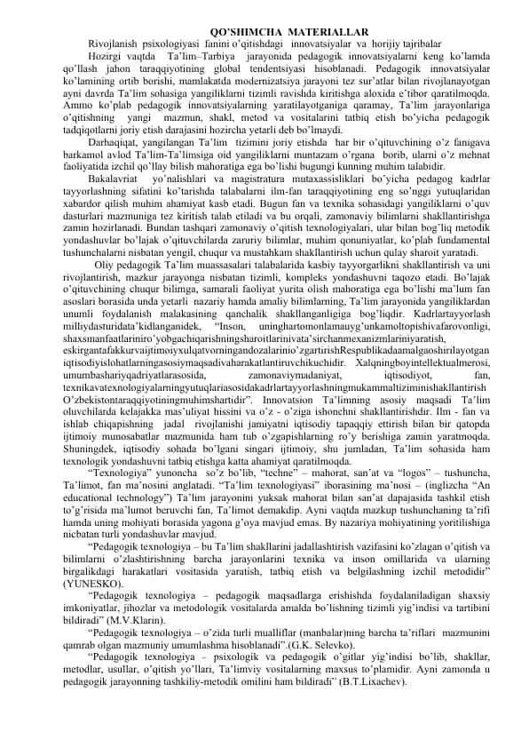 Rivojlanish psixologiyasi fanini o’qitishdagi innovatsiyalar va horijiy tajribalar
