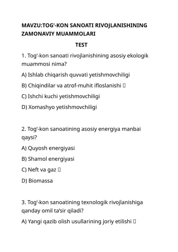 Togʻ-kon sanoati rivojlanishining zamonaviy muammolari