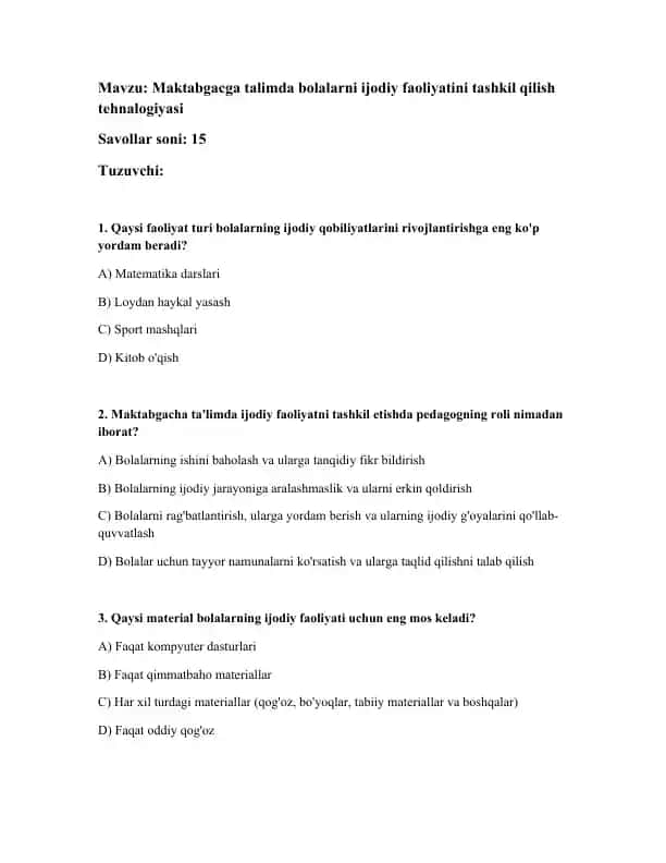 Maktabgacga talimda bolalarni ijodiy faoliyatini tashkil qilish tehnologiyasi