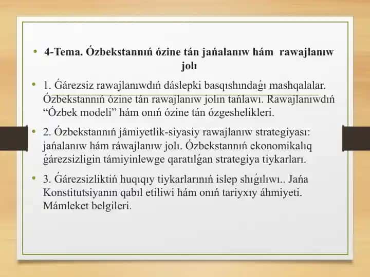 Ózbekistannıń ózine tán jańalanıw hám rawajlanıw jolı
