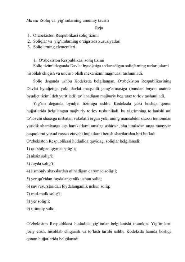 Soliq va yig‘imlarning umumiy tavsifi