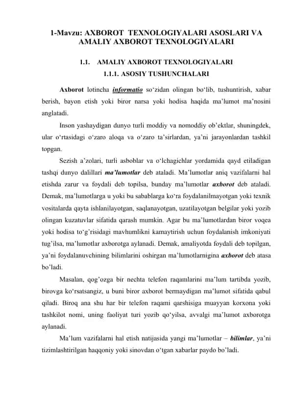 AXBOROT TEXNOLOGIYALARI ASOSLARI VA AMALIY AXBOROT TEХNOLOGIYALАRI