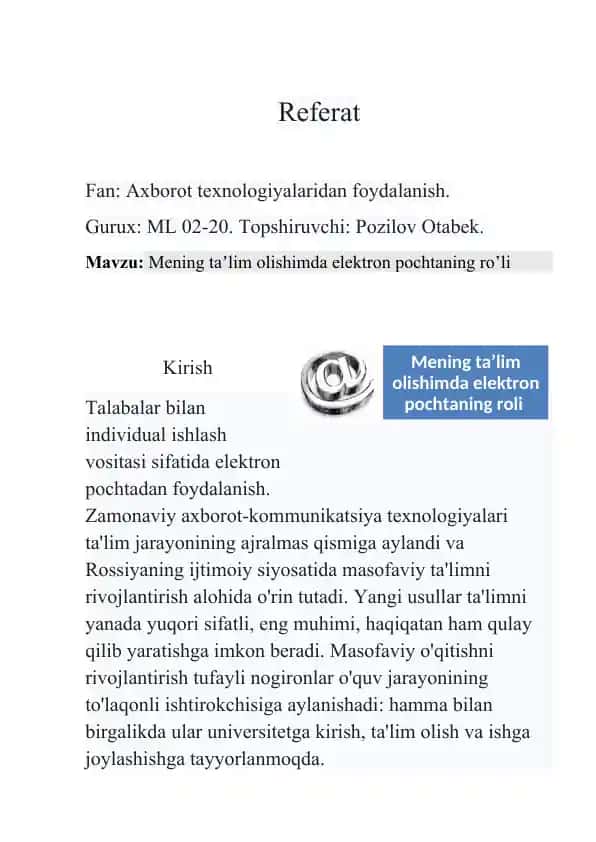 Elektron pochtaning taʼlim jarayonida roʼli