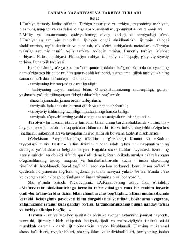Tarbiya Nazariyasi va Tarbiya Turlari