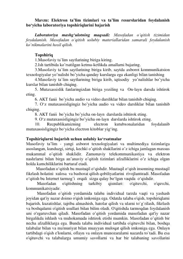 Elektron ta’lim tizimlari va ta’lim resurslaridan foydalanish bo‘yicha laboratoriya topshiriqlarini bajarish