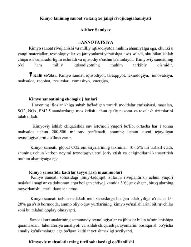 Kimyo sanoati va uning milliy iqtisodiyotdagi ahamiyati