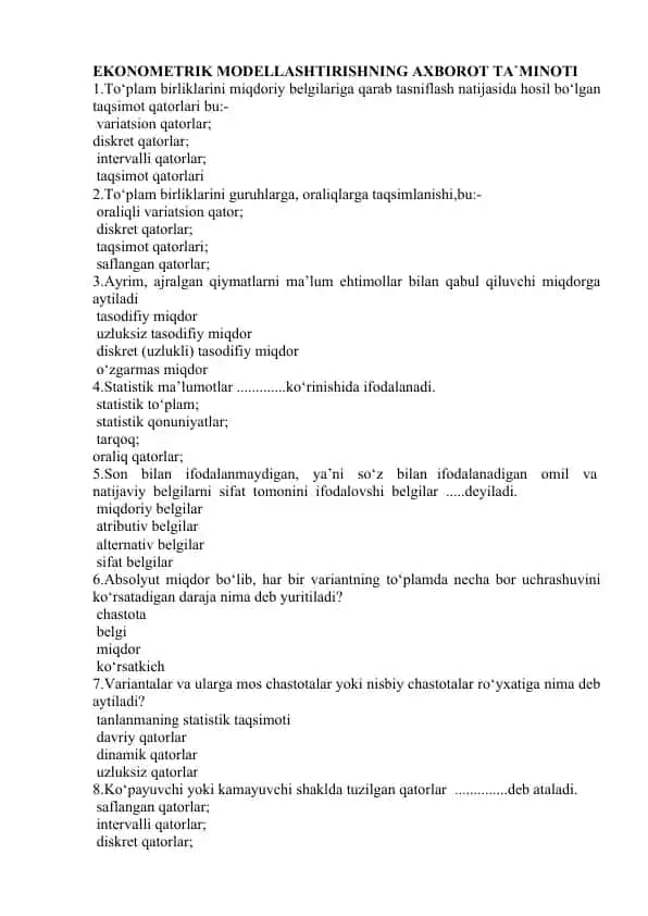 EKONOMETRIK MODELLASHTIRISHNING AXBOROT TA`MINOTI