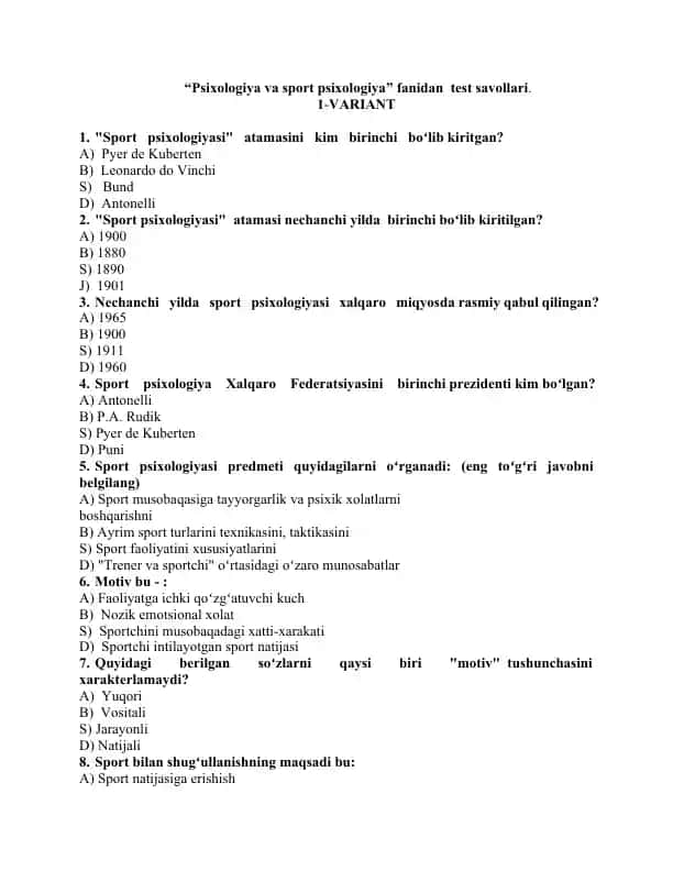 Psixologiya va sport psixologiya test savollari