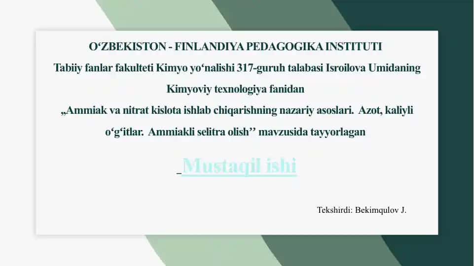 Ammiak va nitrat kislota texnologiyasi