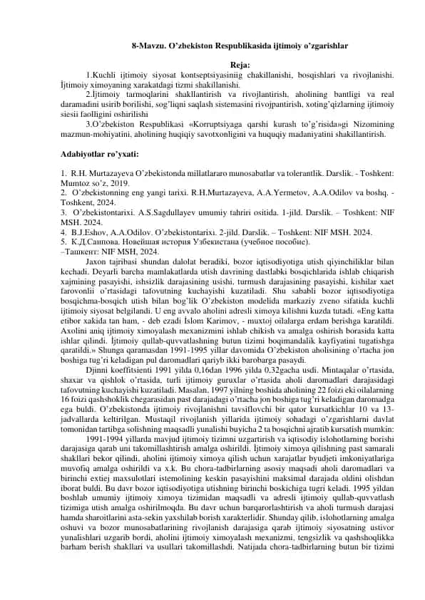O'zbekiston Respublikasida ijtimoiy o'zgarishlar