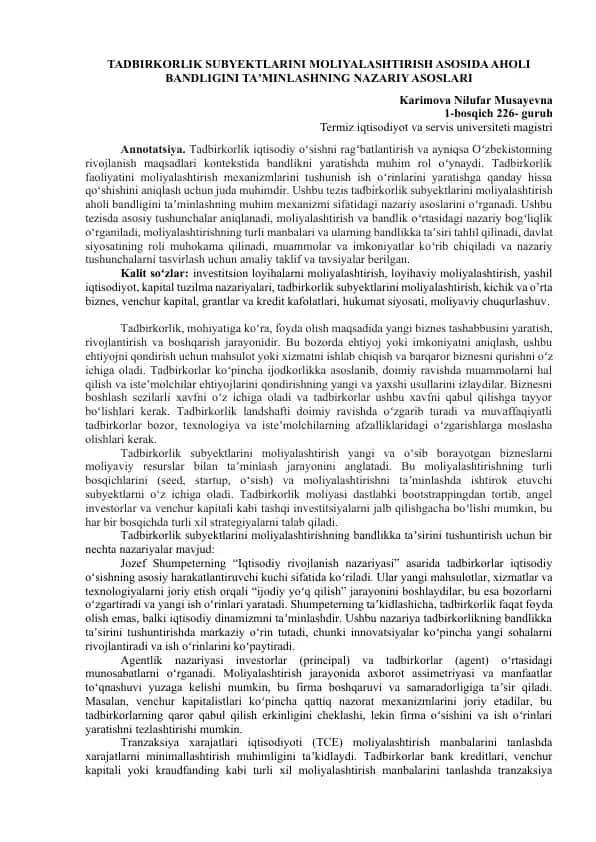 Tadbirkorlik subyektlarini moliyalashtirish asosida aholi bandligini taʼminlashning nazariy asoslari