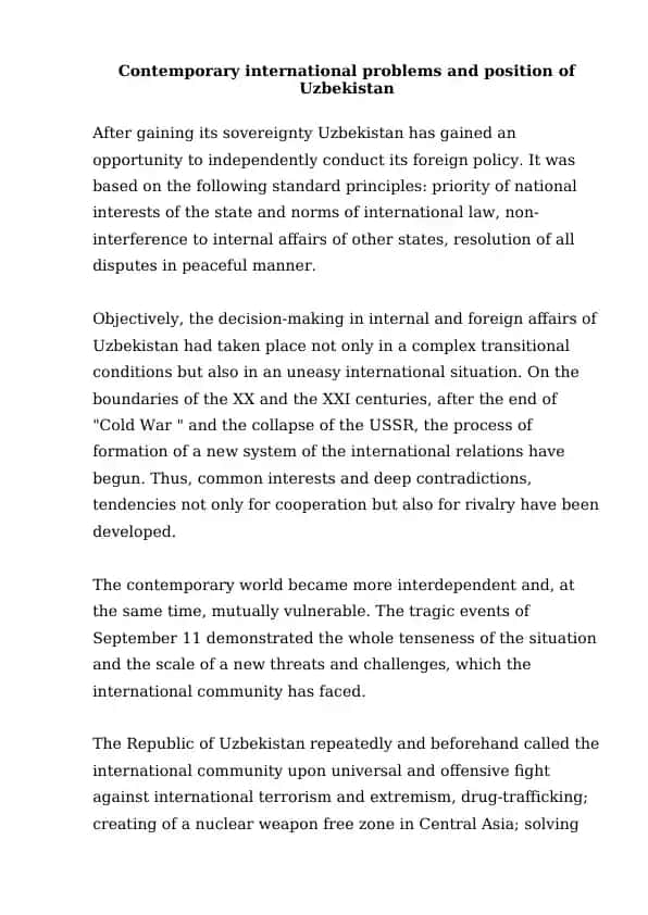 Contemporary International Problems and Position of Uzbekistan