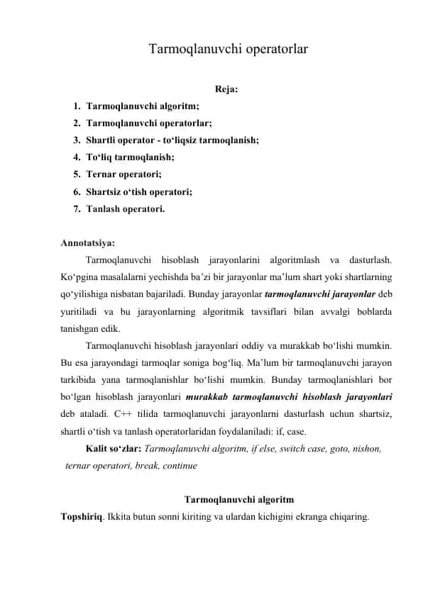 Tarmoqlanuvchi operatorlar