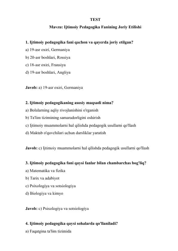 Ijtimoiy Pedagogika Fanining Joriy Etilishi